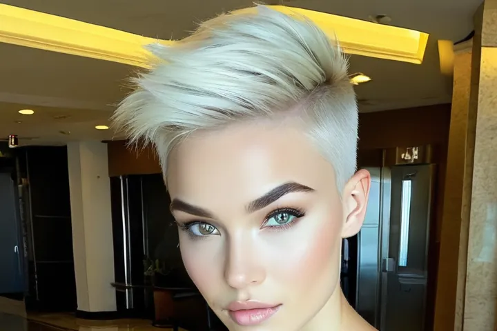 Woman with a platinum pixie cut in a red satin slip dress in a marble lobby, decorative image