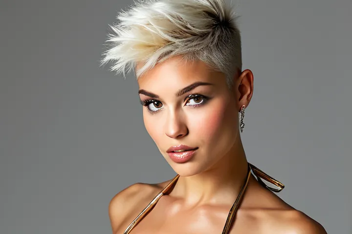 Woman with a platinum pixie cut in a metallic gold halter top and white trousers, decorative image